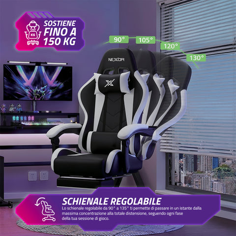 Neigbarer Gaming-Stuhl mit ausziehbarer Fußstütze, Lendenkissen und Kopfstütze
