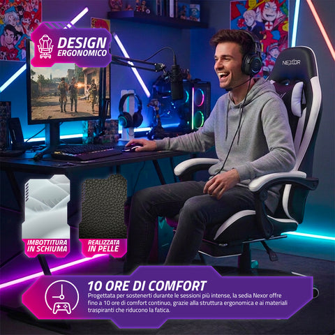 Neigbarer Gaming-Stuhl mit ausziehbarer Fußstütze, Lendenkissen und Kopfstütze