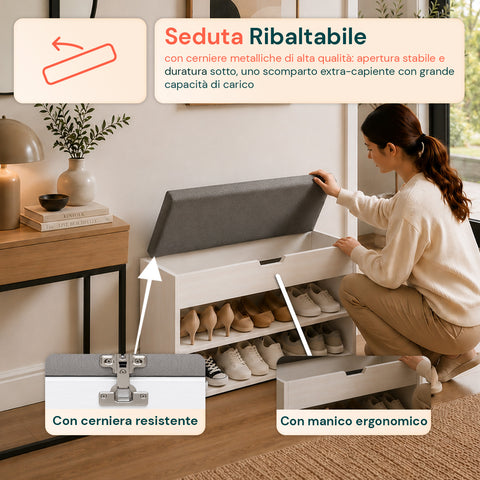 Scarpiera in MDF con Seduta Ribaltabile in Lino Imbottita e 2 Ripiani Salvaspazio