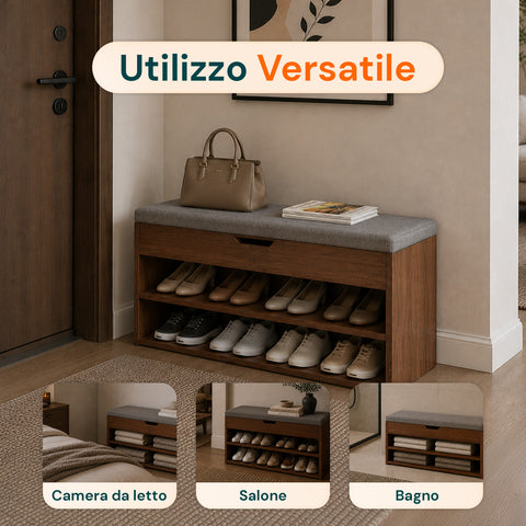 Scarpiera in MDF con Seduta Ribaltabile in Lino Imbottita e 2 Ripiani Salvaspazio