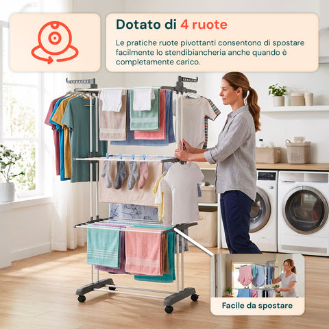 Stendibiancheria Verticale a 3 Livelli in Ferro e PP, Estensibile e con Ruote Pivottanti – L105xP64xA173cm, Portata 20kg