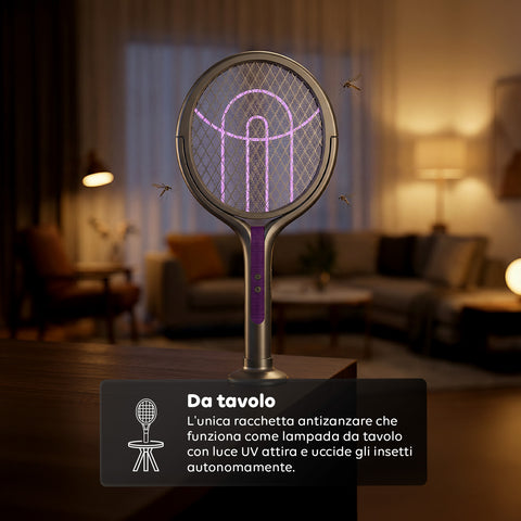 Racchetta Elettrica Zanzare 2-in-1 – Manico Telescopico Estensibile 79-106cm e Testa Rotante 90° – Griglia 4000V a 5 Strati, Luce UV 365nm e Batteria 1800mAh USB-C – Sterminatore Insetti Soffitto