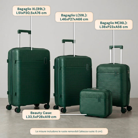 Set 3 Trolley Rigidi da Viaggio + Beauty Case con 4 Ruote Multidirezionali (56-66-76 cm)