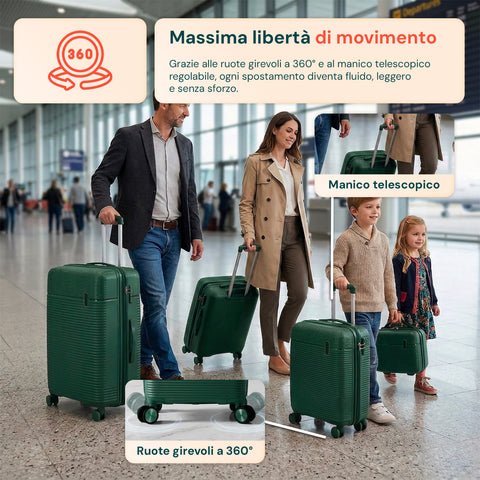 Set 3 Trolley Rigidi da Viaggio + Beauty Case con 4 Ruote Multidirezionali (56-66-76 cm)