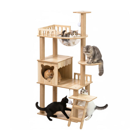 Albero Tiragraffi per Gatti Multilivello con Cuccia e Amaca H135cm