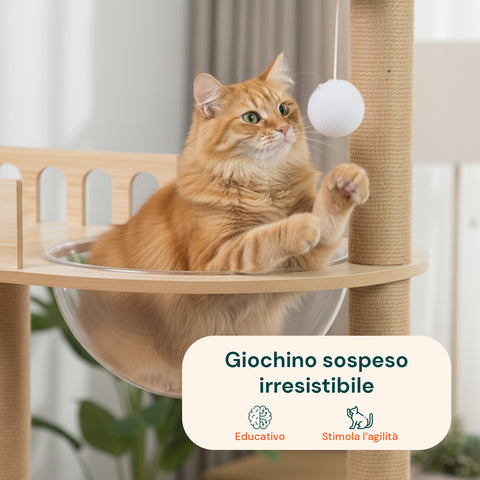 Albero Tiragraffi per Gatti Multilivello con Cuccia e Amaca H135cm