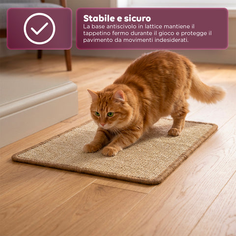Tappeto Tiragraffi per Gatti 50x30cm in Sisal Naturale e Cotone PP – Fondo Antiscivolo in Lattice con Adesivi