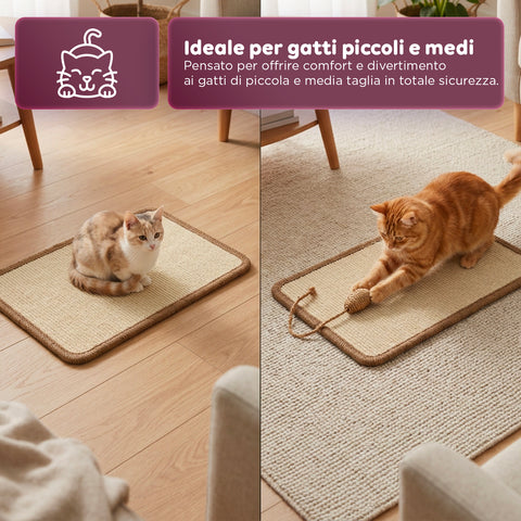 Tappeto Tiragraffi per Gatti 50x30cm in Sisal Naturale e Cotone PP – Fondo Antiscivolo in Lattice con Adesivi