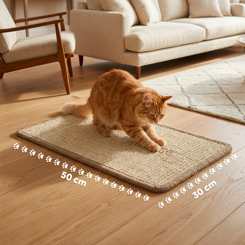 Tappeto Tiragraffi per Gatti 50x30cm in Sisal Naturale e Cotone PP – Fondo Antiscivolo in Lattice con Adesivi