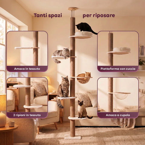 Albero Tiragraffi a Soffitto Regolabile 260-300 cm in Legno e Juta con Amaca a Cupola, Cuccia e Piattaforme
