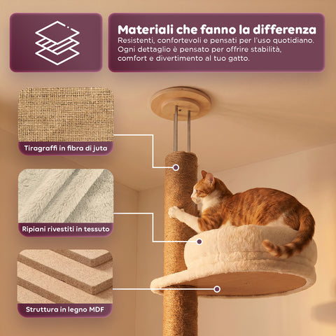 Albero Tiragraffi a Soffitto Regolabile 260-300 cm in Legno e Juta con Amaca a Cupola, Cuccia e Piattaforme