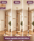 Albero Tiragraffi a Soffitto Regolabile 260-300 cm in Legno e Juta con Amaca a Cupola, Cuccia e Piattaforme