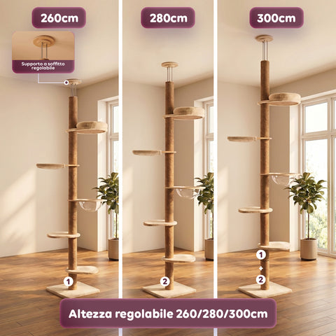 Albero Tiragraffi a Soffitto Regolabile 260-300 cm in Legno e Juta con Amaca a Cupola, Cuccia e Piattaforme