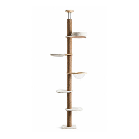 Albero Tiragraffi a Soffitto Regolabile 260-300 cm in Legno e Juta con Amaca a Cupola, Cuccia e Piattaforme