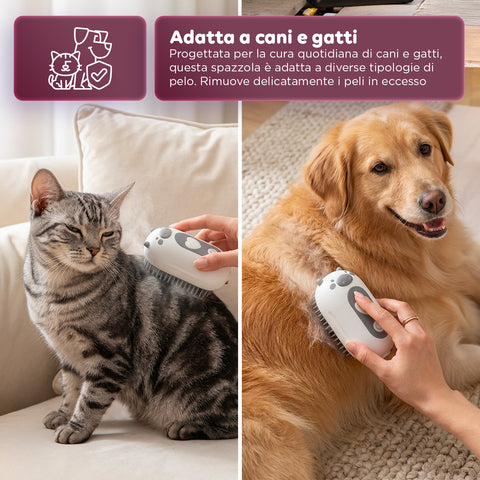 Spazzola a Vapore per Cani e Gatti Ricaricabile USB-C con Ugello Spray e Scomparto Acqua Misure 6x5x11cm