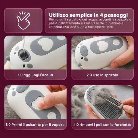 Spazzola a Vapore per Cani e Gatti Ricaricabile USB-C con Ugello Spray e Scomparto Acqua Misure 6x5x11cm
