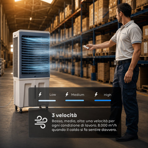 Raffrescatore Evaporativo Industriale Portatile 70 Litri 350W con Telecomando e Timer - Funzione Condizionatore Ventilatore 3 Velocità e Oscillazione
