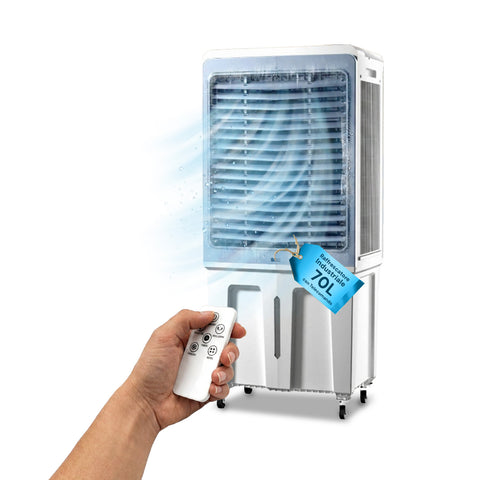 Industrieller mobiler Verdunstungskühler 70 Liter 350W mit Fernbedienung und Timer – Klimaanlagen- und Ventilatorfunktion 3 Geschwindigkeiten und Oszillation