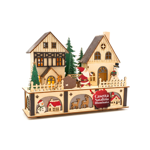 Weihnachtliches Holzhaus mit 10 LEDs – Weihnachtsdekoration mit Figuren