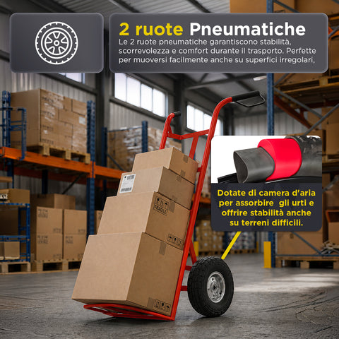Carrello da Carico Professionale 250 kg in Acciaio - Nero con Ruote Pneumatiche Antiforo
