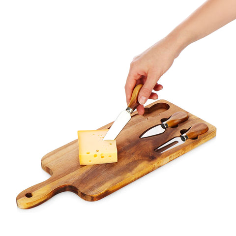 Käseverkostungs-Set mit 3 Utensilien und Schneidebrett aus Akazienholz
