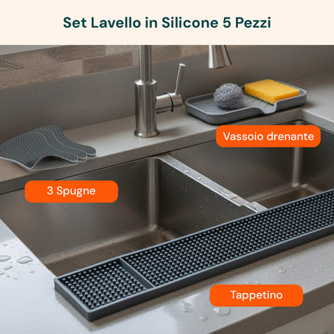 Set Silicone Cucina 5 Pezzi – Tappetino Lavello e Spugne Ultra-Assorbenti