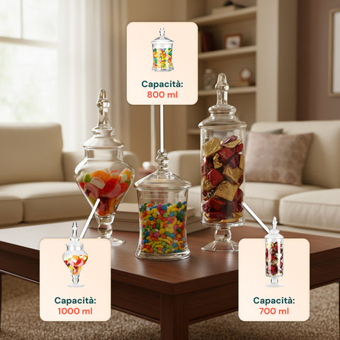 Barattoli di Vetro Varie Forme Multiuso con Coperchi – Set da 3