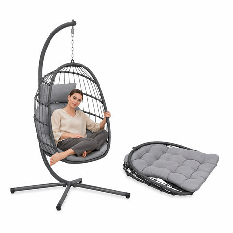 Klappbarer Hängesessel für den Garten mit gepolsterten Kissen aus verzinktem Stahl und Rattan-Optik – Tragfähigkeit 160 kg