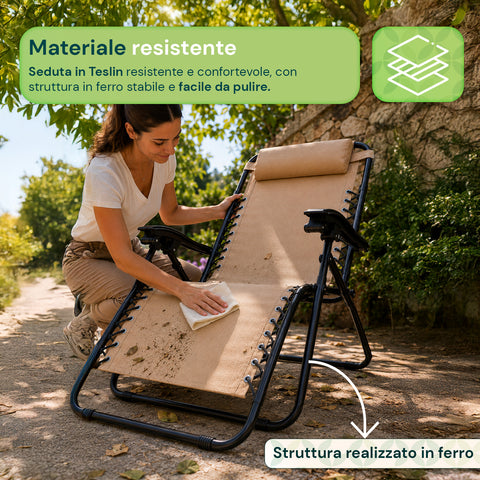 Sedia da Giardino Pieghevole con Vassoio Laterale – Portata 120kg – Struttura in Ferro e Tessuto Teslin