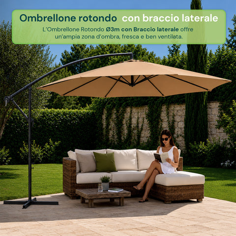 Ombrellone Rotondo Ø3m Decentrato Braccio Laterale in Acciaio, Manovella, Poliestere 180gr Impermeabile UV per Giardino e Terrazzo