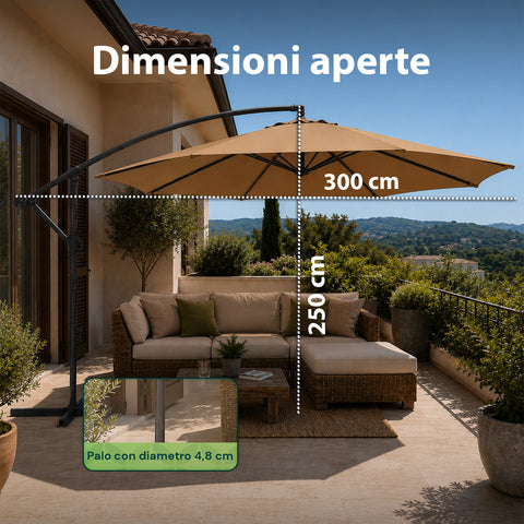 Ombrellone Rotondo Ø3m Decentrato Braccio Laterale in Acciaio, Manovella, Poliestere 180gr Impermeabile UV per Giardino e Terrazzo
