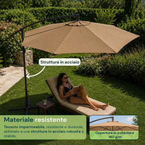 Ombrellone Rotondo Ø3m Decentrato Braccio Laterale in Acciaio, Manovella, Poliestere 180gr Impermeabile UV per Giardino e Terrazzo