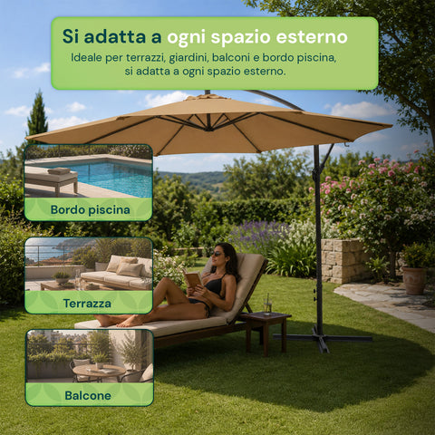 Ombrellone Rotondo Ø3m Decentrato Braccio Laterale in Acciaio, Manovella, Poliestere 180gr Impermeabile UV per Giardino e Terrazzo