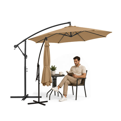 Runder Sonnenschirm Ø3m mit seitlichem Arm aus Stahl, Kurbel, 180g wasserdichtem UV-Polyester für Garten und Terrasse