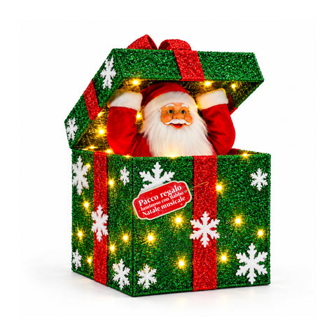Leuchtendes Geschenkpaket mit musikalischem und animiertem Weihnachtsmann, H30 cm