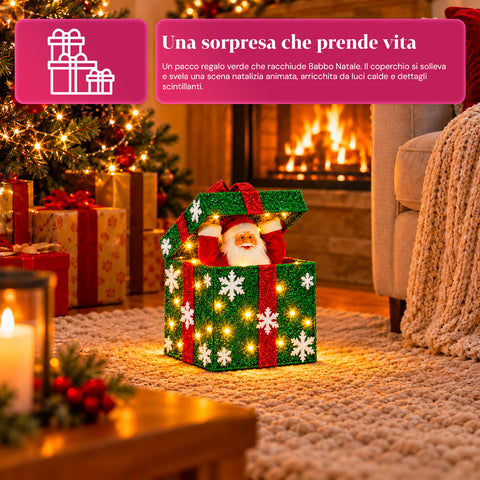 Leuchtendes Geschenkpaket mit musikalischem und animiertem Weihnachtsmann, H30 cm