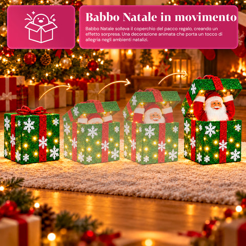 Leuchtendes Geschenkpaket mit musikalischem und animiertem Weihnachtsmann, H30 cm