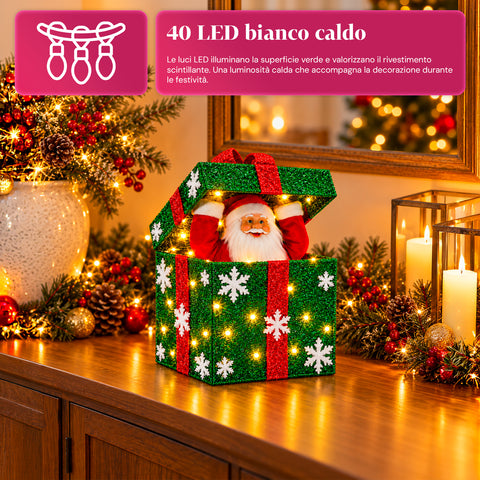 Leuchtendes Geschenkpaket mit musikalischem und animiertem Weihnachtsmann, H30 cm