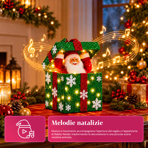 Leuchtendes Geschenkpaket mit musikalischem und animiertem Weihnachtsmann, H30 cm
