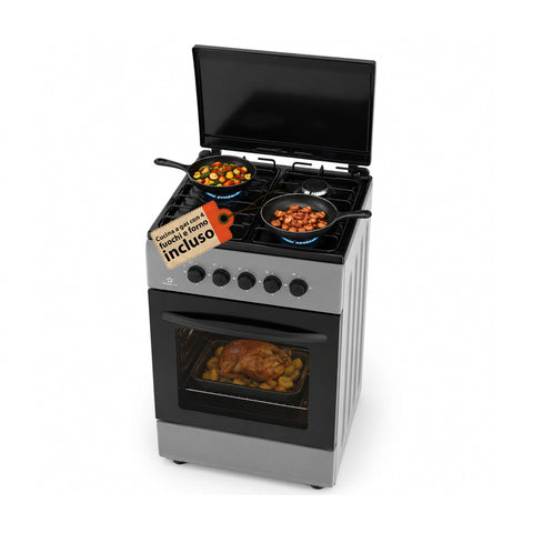 Gasherd 50x50 cm mit 49-Liter-Gasbackofen, 4 Kochfeldern mit unterschiedlicher Leistung, Sicherheitsventilen und Abdeckung