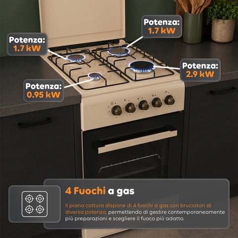 Gasherd 50x50 cm mit 49-Liter-Gasbackofen, 4 Kochfeldern mit unterschiedlicher Leistung, Sicherheitsventilen und Abdeckung