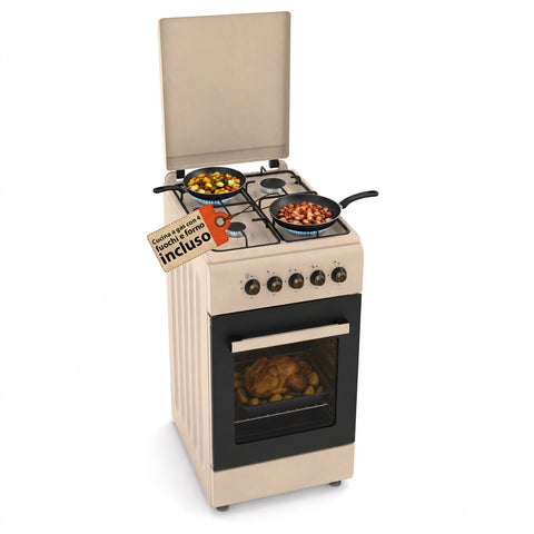 Gasherd 50x50 cm mit 49-Liter-Gasbackofen, 4 Kochfeldern mit unterschiedlicher Leistung, Sicherheitsventilen und Abdeckung