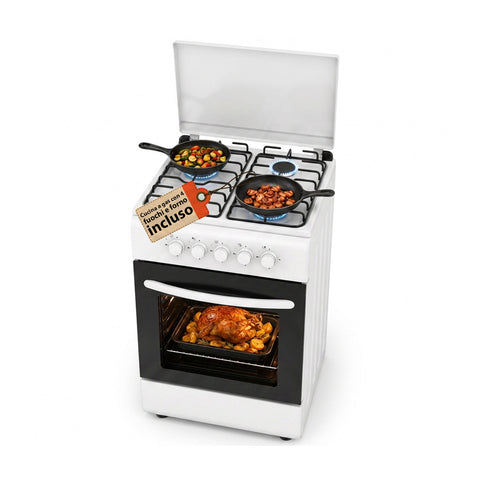 Gasherd 50x50 cm mit 49-Liter-Gasbackofen, 4 Kochfeldern mit unterschiedlicher Leistung, Sicherheitsventilen und Abdeckung