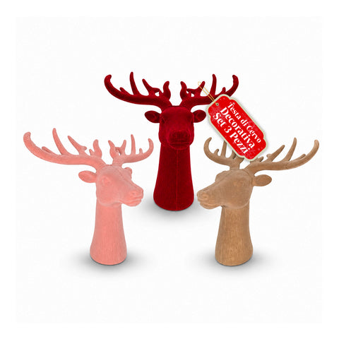 Dekorativer Hirschkopf, 3er-Set, Samtoptik 32x20x28 cm, Weihnachtsdesign-Dekoration