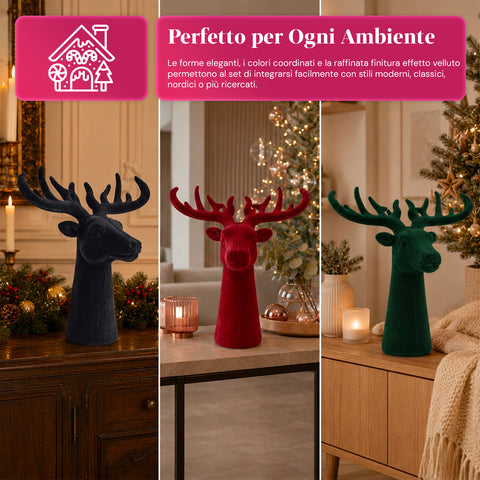 Testa di Cervo Decorativa Set 3 Pezzi Effetto Velluto 32x20x28 cm, Soprammobile Design Natalizio