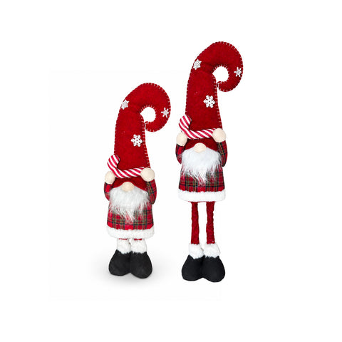 Weihnachtswichtel ausziehbar 80 cm mit roter Mütze und Schneeflocken – Weihnachtsdekoration aus Tartan-Stoff mit verstellbarer Struktur