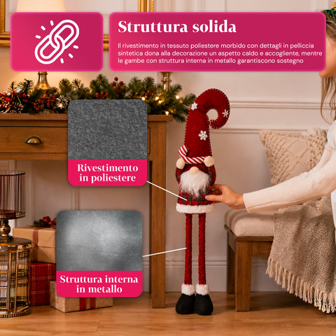 Weihnachtswichtel ausziehbar 80 cm mit roter Mütze und Schneeflocken – Weihnachtsdekoration aus Tartan-Stoff mit verstellbarer Struktur