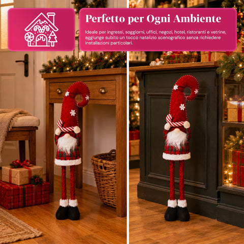 Weihnachtswichtel ausziehbar 80 cm mit roter Mütze und Schneeflocken – Weihnachtsdekoration aus Tartan-Stoff mit verstellbarer Struktur