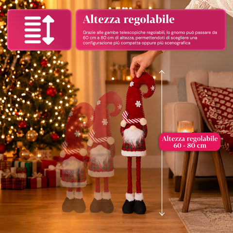 Weihnachtswichtel ausziehbar 80 cm mit roter Mütze und Schneeflocken – Weihnachtsdekoration aus Tartan-Stoff mit verstellbarer Struktur