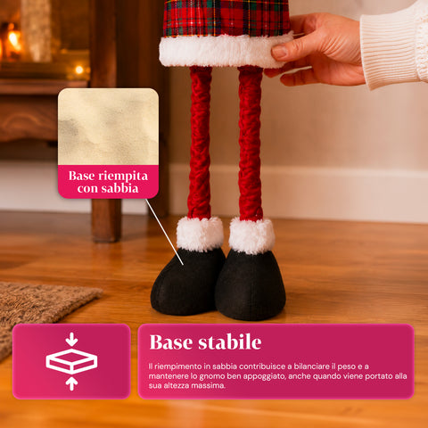 Weihnachtswichtel ausziehbar 80 cm mit roter Mütze und Schneeflocken – Weihnachtsdekoration aus Tartan-Stoff mit verstellbarer Struktur